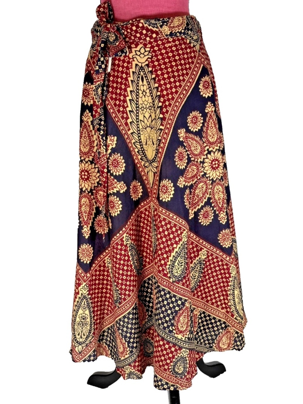 Vtg 70’s Cotton Block Print Midi Wrap Skirt Sz S/M Mandala Hippie Boho Festival
